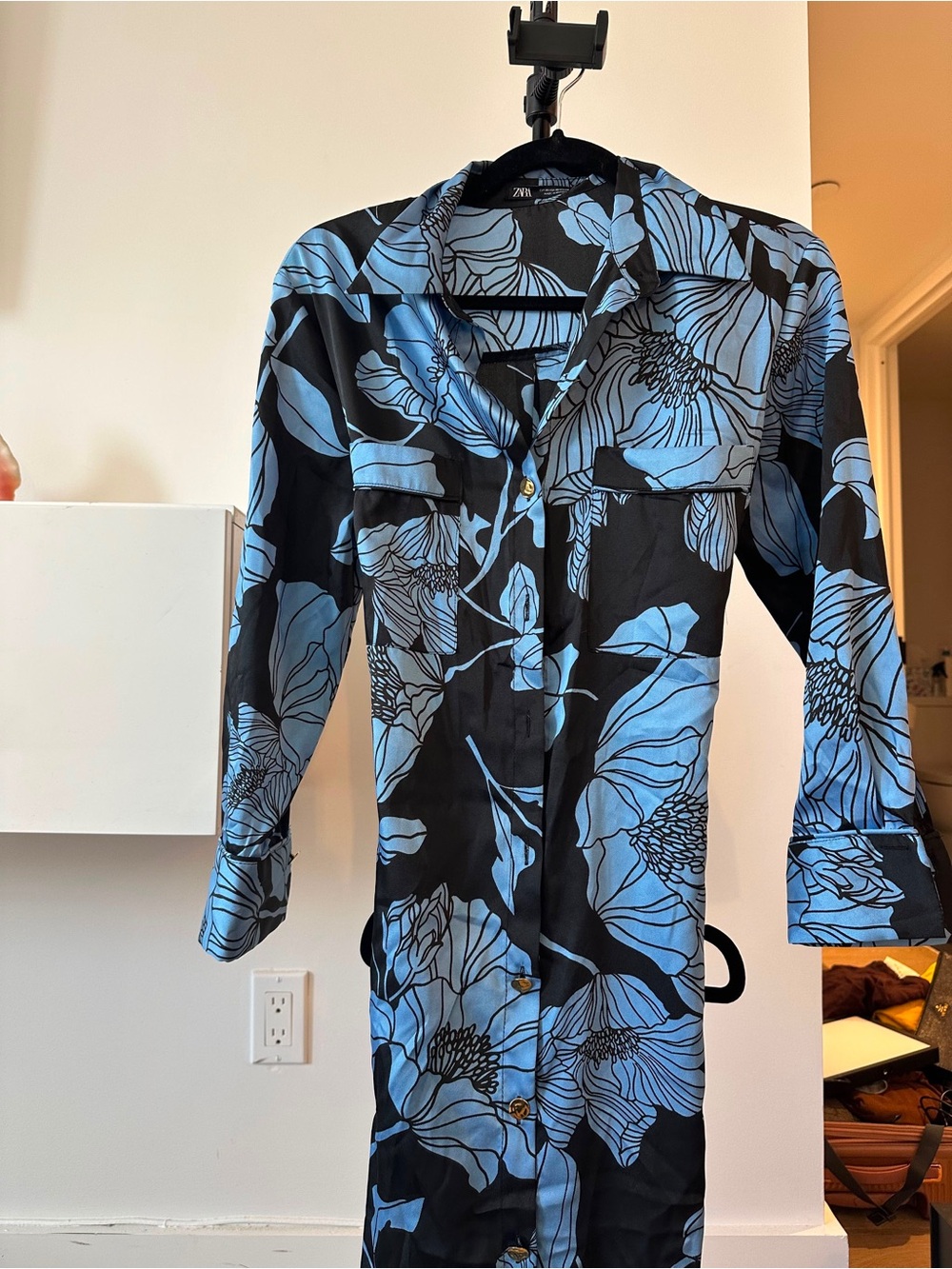 Zara Black Button-Down Shirt with Blue Floral Print
